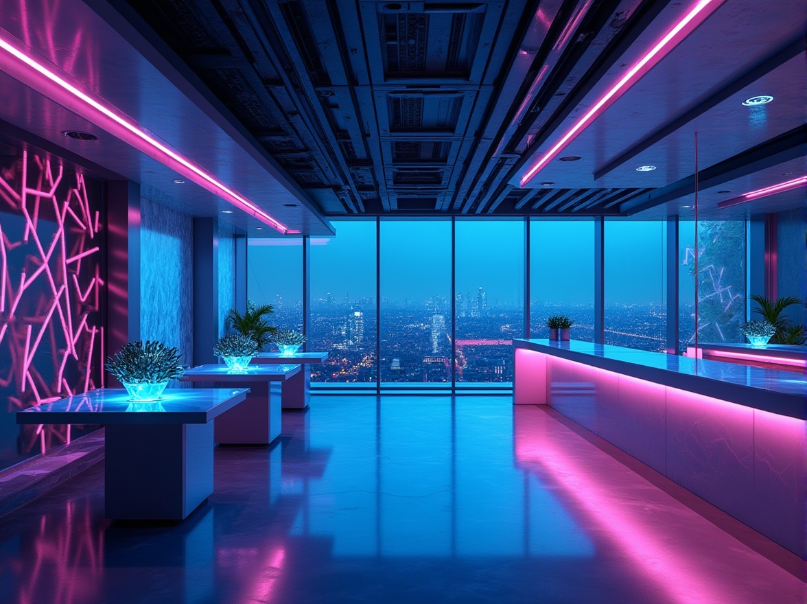 Prompt: Modern high-tech interior, futuristic ambiance, sleek lines, metallic materials, neon lights, LED strips, glass tables, minimalist decor, geometric shapes, abstract patterns, 3D visual effects, virtual reality integration, ambient lighting, cinematic composition, low-angle shot, reflective surfaces, luxurious atmosphere, urban loft, cityscape view, night scene, blue-purple color scheme.