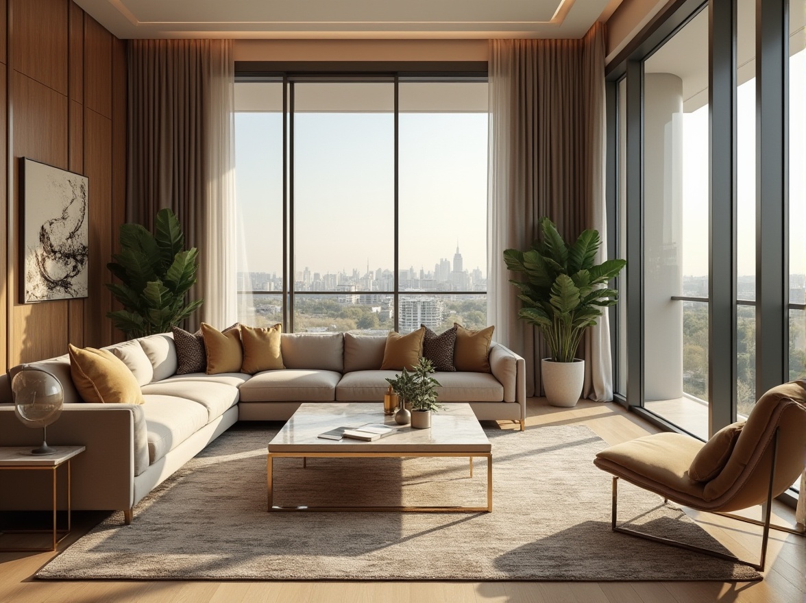 Prompt: Luxurious living room, modern interior design, comfortable sofa, velvet upholstery, golden metal legs, marble coffee table, geometric patterned rug, floor-to-ceiling windows, cityscape view, softbox lighting, 3/4 composition, warm beige walls, rich wood accents, greenery, potted plants, decorative vases, abstract artwork, ambient atmosphere.