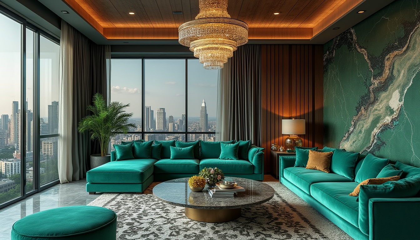 Prompt: Vibrant malachite green, luxurious interior, modern living room, velvet sofa, ornate coffee table, intricately carved wooden wall panels, crystal chandelier, floor-to-ceiling windows, city skyline view, abstract art pieces, marble flooring, geometric patterned rug, metallic accents, warm ambient lighting, 3/4 composition, high-end decor.