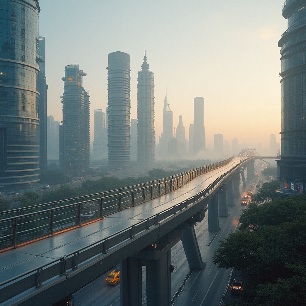 Prompt: Urban landscape, pedestrian bridge, futuristic architecture, sleek lines, metallic materials, glass railings, city skyline, skyscrapers, bustling streets, morning fog, soft warm lighting, shallow depth of field, vibrant colors, dynamic composition, 3/4 view, low-angle shot.