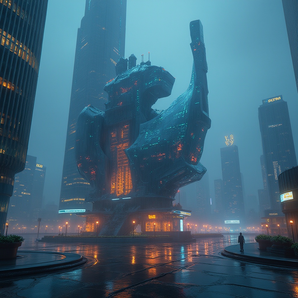 Prompt: Futuristic architecture, experimental building, sleek metallic structure, neon lights, holographic projections, futuristic cityscape, skyscraper, towering high-rise, cyberpunk atmosphere, misty fog, rainy night, 3/4 composition, low-angle shot, dramatic lighting, bold colors, geometric shapes, reflective surfaces, avant-garde design.