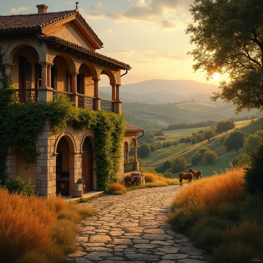 Prompt: Romanesque villa, farmland setting, sunset time, warm golden light, rolling hills, wheat fields, olive trees, vineyards, farmhouse in the distance, stone pathway, ancient arches, ornate columns, rustic wooden doors, terracotta roofing, greenery overflowing from balconies, vintage farming tools, hay bales, a few horses grazing, distant misty mountains, soft warm lighting, cinematic composition, 3/4 view angle, shallow depth of field.