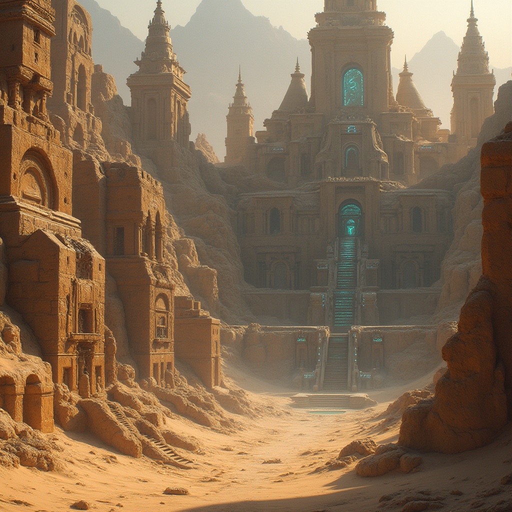 Prompt: Ancient desert monuments, futuristic architecture, sandy dunes, majestic stone structures, intricate carvings, glowing blue accents, mystical hieroglyphics, imposing entrance gates, grandiose staircases, ornate pillars, metallic spires, vast open spaces, panoramic views, dramatic shadows, warm golden lighting, cinematic composition, 3/4 perspective, high contrast, mysterious ambiance.