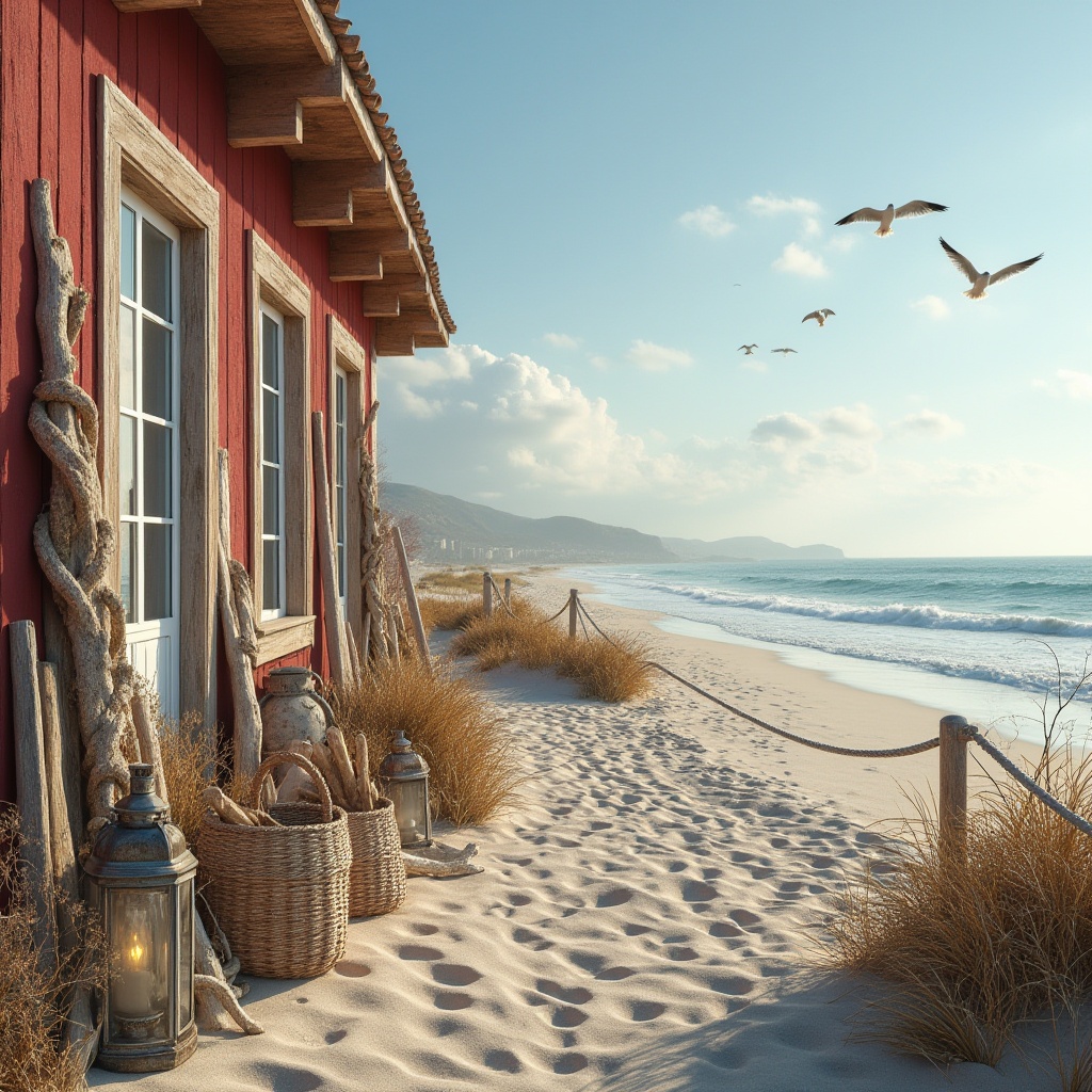 Prompt: Coastal scenery, warm burgundy color accents, driftwood beach decor, distressed wooden planks, woven sea grass baskets, rustic nautical ropes, vintage metal lanterns, seaside villa, sandy dunes, gentle waves, sunny afternoon, clear blue sky, few seagulls flying overhead, subtle salty mist, warm soft lighting, shallow depth of field, 3/4 composition, realistic texture, cinematic ambiance.