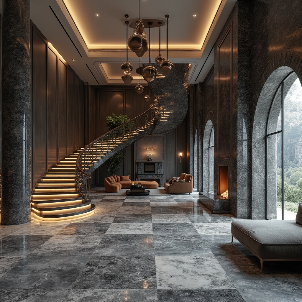 Prompt: Granite material, luxurious interior design, modern villa, polished granite floor, dark grey and white flecked granite wall, ornate granite columns, grand staircase, elegant living room, sleek coffee table, velvet sofa, ambient lighting, warm atmosphere, detailed texture, high-end decoration, 3/4 composition, panoramic view, cinematic rendering.