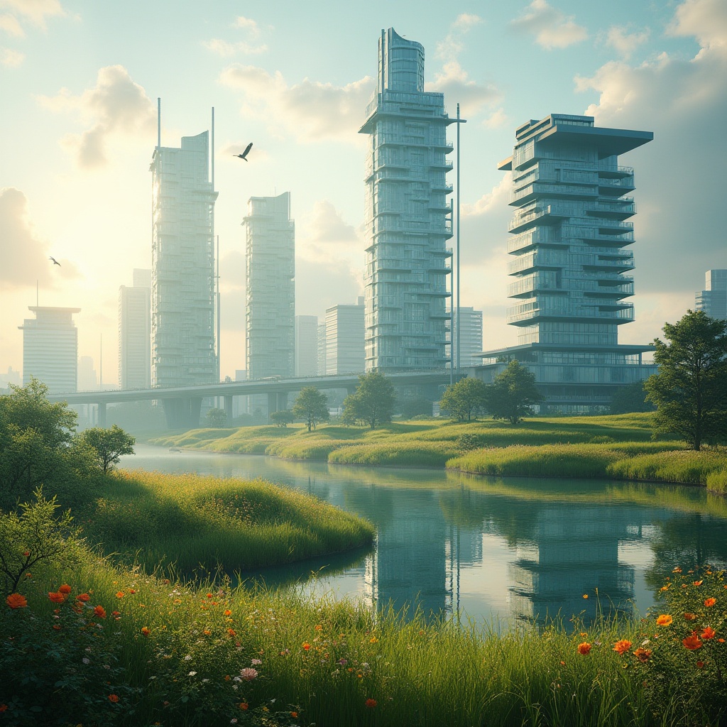 Prompt: Integrating skyscrapers into meadow landscapes, modern architecture, steel beams, glass facades, green roofs, wildflowers blooming in vibrant colors, tall grass swaying gently, serene lakes reflecting skyscraper's images, few birds flying overhead, soft sunlight filtering through clouds, warm ambient lighting, 3/4 composition, panoramic view, cinematic mood, futuristic yet harmonious contrast between nature and urban development.