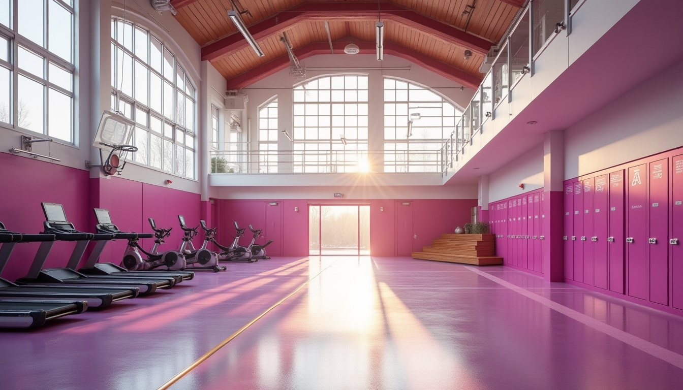 Prompt: Modern gymnasium interior, bright orchid color accents, sporty atmosphere, shiny floor, white walls, large windows, natural light, softbox lighting, athletic equipment, treadmills, dumbbells, exercise bikes, basketball hoop, wooden bleachers, vibrant orchid color lockers, metallic frames, bold typography signage, dynamic composition, 3/4 view angle, warm ambient lighting, morning sunbeam effect.