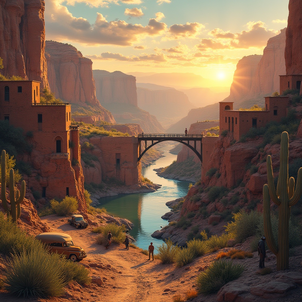 Prompt: Canyon, Southwestern USA, regionalism style, majestic landscape, vast desert, rocky cliffs, deep valleys, cacti, succulents, turquoise water, American Indian patterns, adobe architecture, rustic wooden bridges, old mining equipment, vintage pickup trucks, cowboy hats, boots, lassos, sunset, warm golden light, soft shadows, panoramic view, 3/4 composition, cinematic lighting.