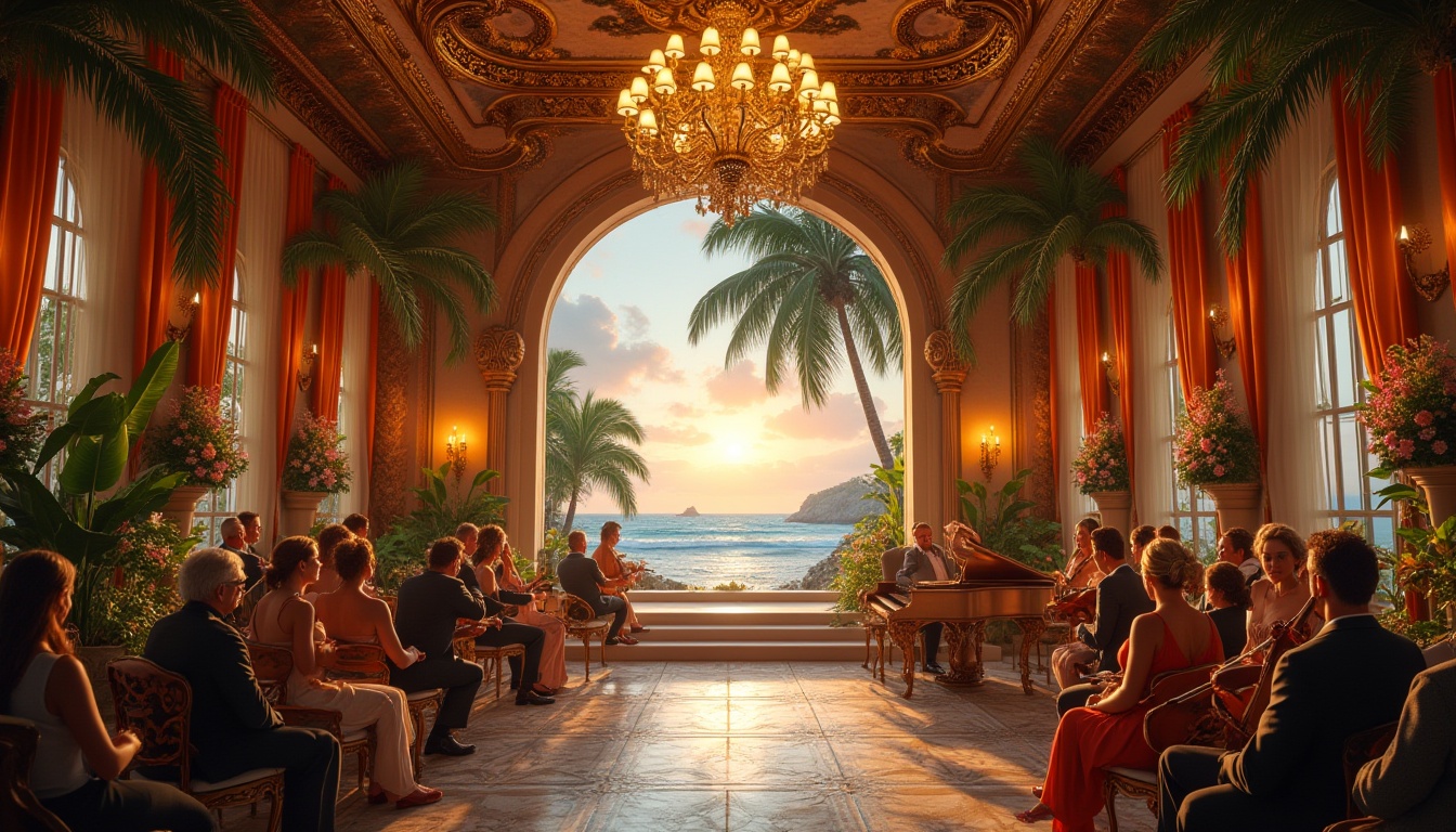 Prompt: Island-themed Baroque music venue, luxurious interior, grand chandelier, intricate gold ornaments, velvet drapes, tropical plants, exotic flowers, seashell decorations, ocean-inspired furniture, majestic stage, ornate instruments, harpsichord, violin, cello, elegant audience, formal attire, sparkling jewelry, warm golden lighting, dramatic spotlights, soft ocean breeze, subtle wave sounds, panoramic view of the beach outside, sunset sky, palm trees swaying gently.