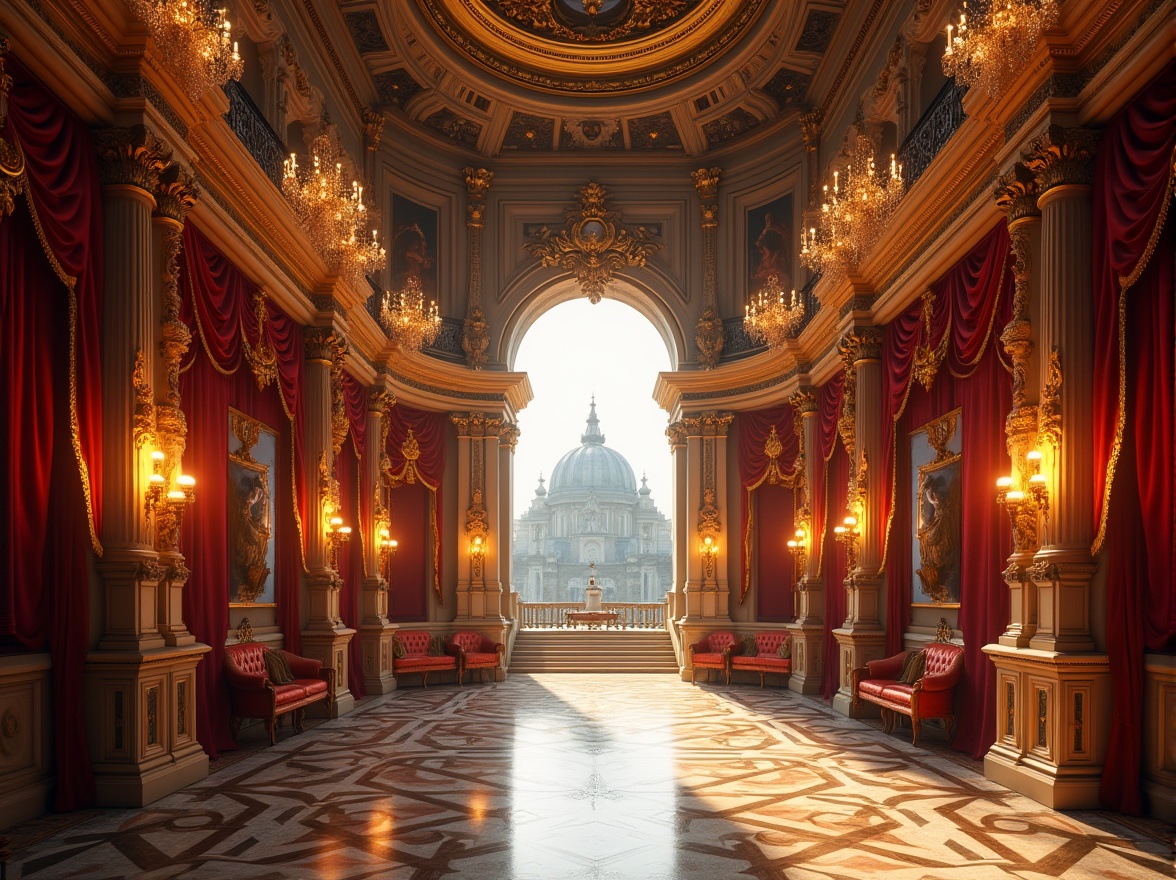 Prompt: Grand opera house, Baroque style, ornate details, golden ornaments, red velvet curtains, grand staircase, marble floors, crystal chandeliers, luxurious furnishings, intricate carvings, domed roof, symmetrical composition, warm lighting, soft focus, dramatic shadows, afternoon sunlight, cityscape background, urban landscape, cultural landmark, vibrant colors, rich textures.