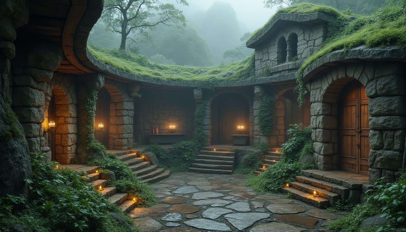 Prompt: Ancient monastery, organic architecture, mystical atmosphere, foggy morning, misty valley, serene landscape, moss-covered stones, curved lines, natural materials, wooden doors, rusty hinges, worn-out stone stairs, lanterns, candles, soft warm lighting, peaceful courtyard, lush greenery, vines crawling up walls, rustic benches, aged trees, gentle streams, subtle water sounds, misty fog rolling in, cinematic composition, low-angle shot, warm color tone.