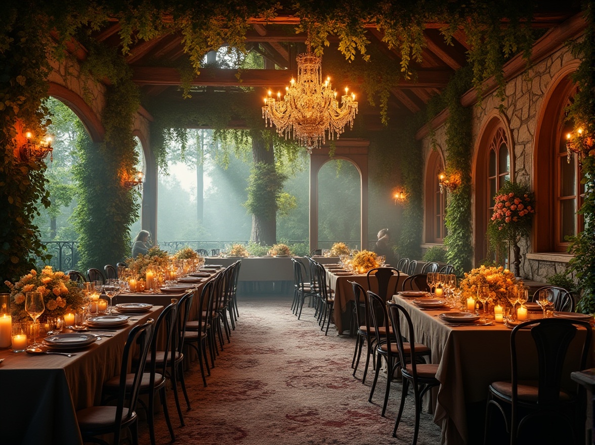 Prompt: Cozy forest-inspired dining hall ambiance, luxurious wooden tables, ornate iron chairs, lush greenery hanging from high ceilings, vines crawling up stone walls, warm candlelight, soft misty atmosphere, rustic wooden beams, grand chandelier with dripping crystals, elegant lace curtains, earthy tone color palette, forest floor-like carpet, natural stone flooring, towering trees visible through large windows, distant bird songs, warm golden lighting, 3/4 composition, shallow depth of field, romantic atmosphere.