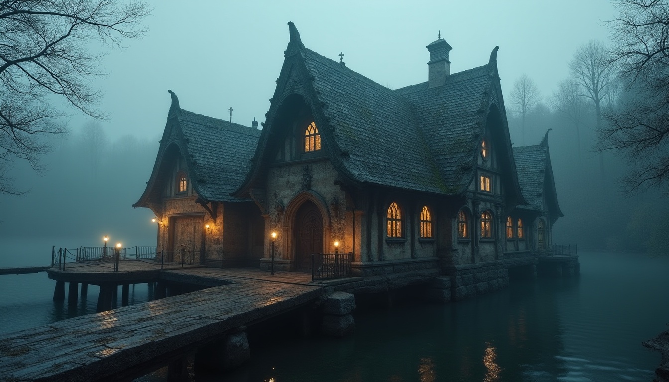 Prompt: Boathouse, gothic style, mysterious, old wooden dock, overwater structure, pointed arches, ribbed vaults, flying buttresses, stained glass windows, intricate carvings, weathered stone walls, moss-covered roofs, surrounded by misty forest, foggy atmosphere, twilight hour, warm soft lighting, dramatic composition, low-angle shot, detailed textures, rich colors.