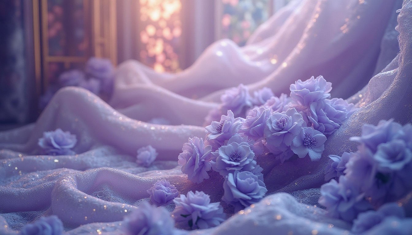 Prompt: Lavender blue, elegant, ornate, flowing curves, organic shapes, botanical patterns, intricate details, luxurious fabrics, velvet, satin, lace, soft folds, draping, romantic, whimsical, dreamy, vintage, antique, art nouveau, ornamental frames, stained glass windows, grandeur, opulence, Victorian era, mysterious atmosphere, warm golden lighting, soft focus, macro photography.