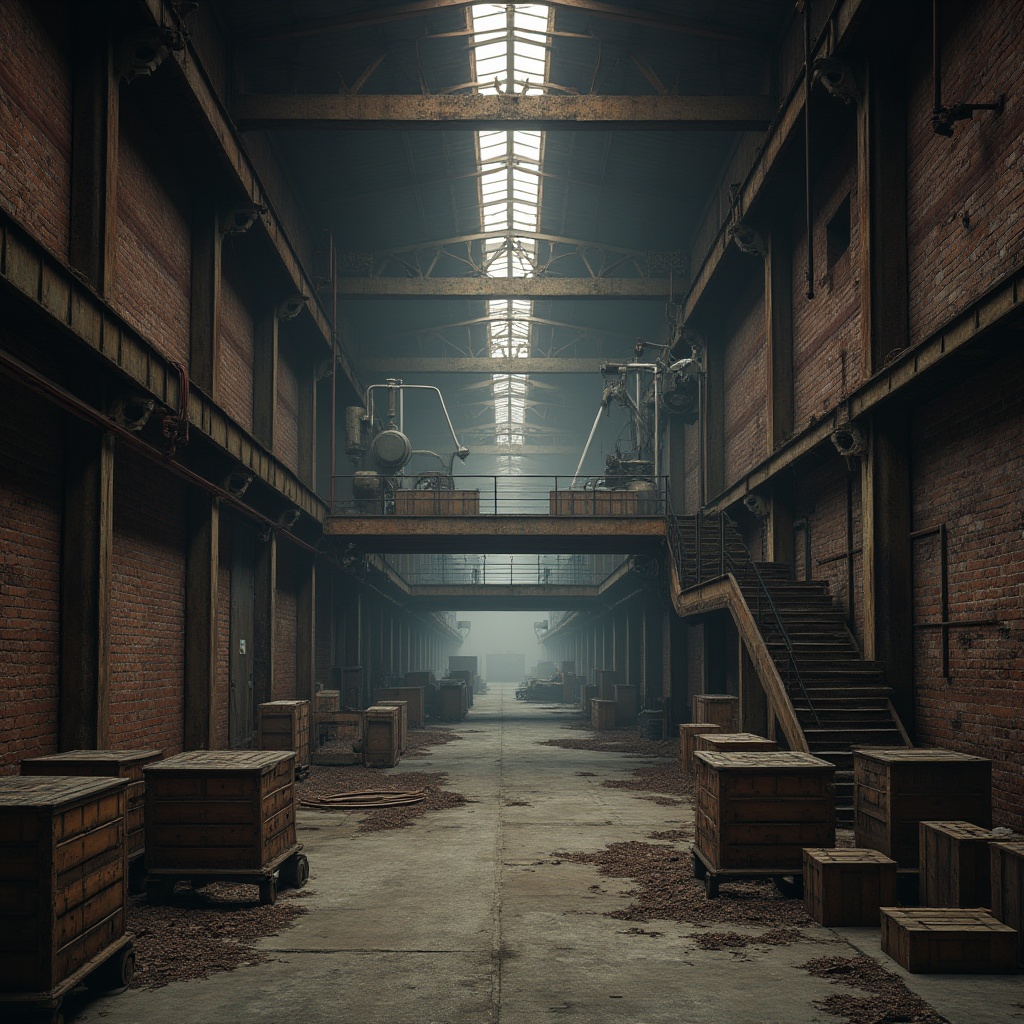 Prompt: Industrial warehouse, exposed brick walls, metal beams, wooden crates, pulley systems, steel staircases, concrete floors, vintage factory windows, rusty machinery, dim lighting, atmospheric fog, warm color tones, cinematic composition, low-angle shot, symmetrical framing, brutalist architecture, abandoned factory, urban exploration, graffiti, distressed textures, rough concrete surfaces.