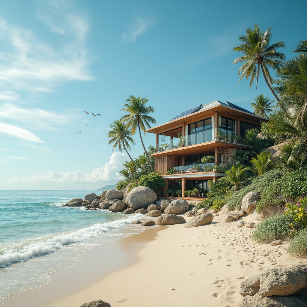 Prompt: Beachside villa, modern architecture, large windows, solar panels, green roof, recycled wood, driftwood decorations, eco-friendly furniture, seashell wind chimes, sandy dunes, tropical plants, palm trees, beach flowers, sunny day, clear blue sky, gentle ocean breeze, waves crashing, seagulls flying overhead, panoramic view, 3/4 composition, natural lighting, HDR, cinematic atmosphere.