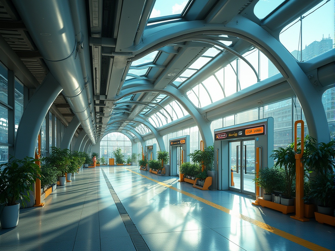 Prompt: Futuristic bus station, modern architecture, curved lines, steel beams, glass ceiling, LED lights, comfortable seating area, green walls, indoor plants, automatic doors, electronic ticketing system, real-time display boards, urban cityscape, busy street view, morning sunlight, shallow depth of field, vibrant colors, abstract composition.