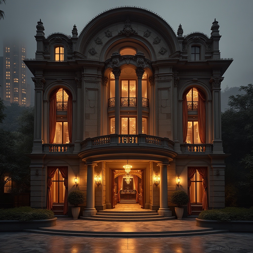 Prompt: Theater-like residential building, Expressionist architecture style, grandiose entrance, ornate facade, intricate stonework, curved lines, dramatic lighting, warm golden color scheme, luxurious interior design, velvet curtains, marble floors, grand staircase, lavish furnishings, mysterious atmosphere, cinematic composition, low-key lighting, foggy mist effect, evening time, cityscape in the background, urban residential area, modern metropolis.