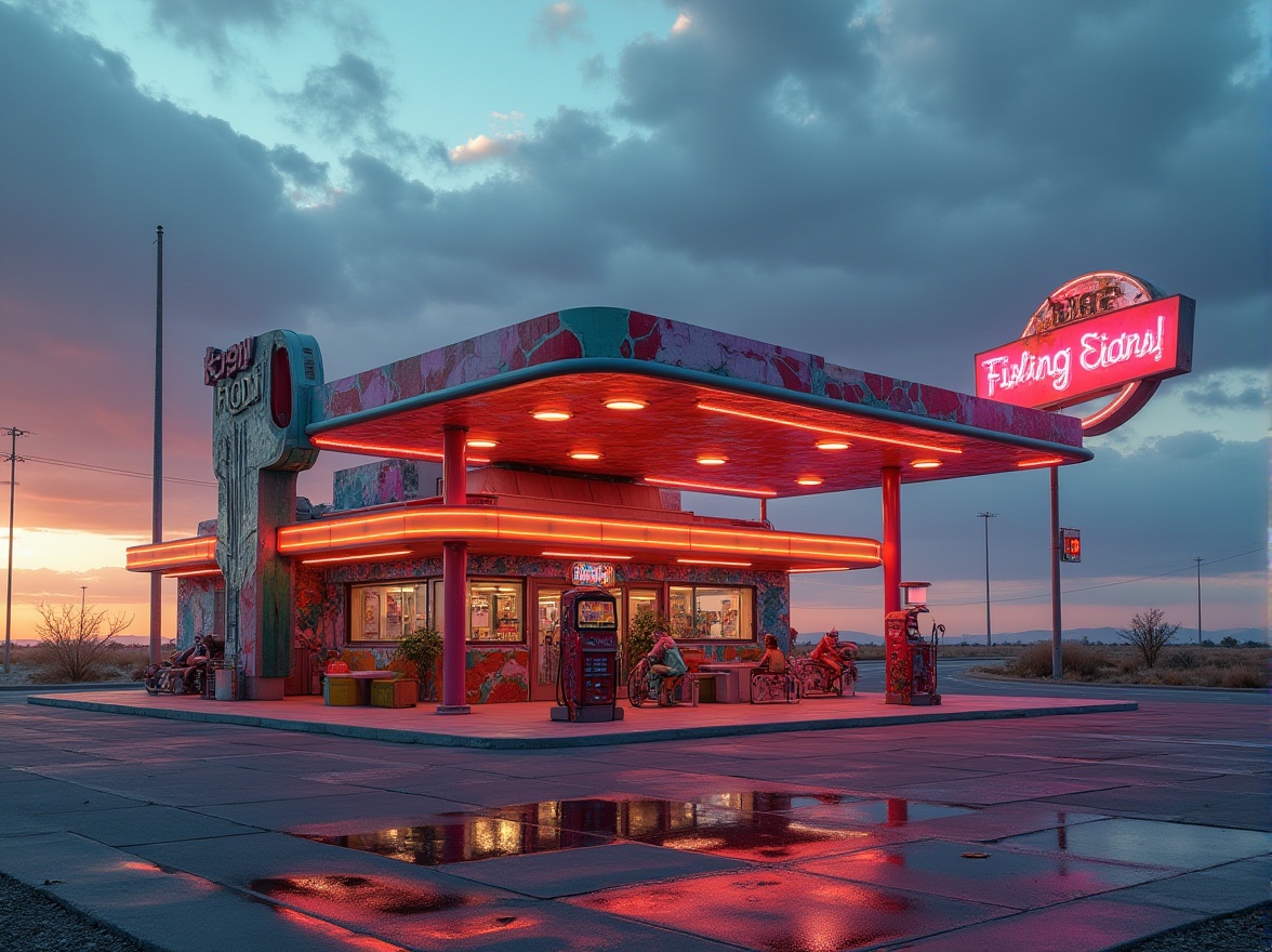 Prompt: Postmodern gas station, vibrant neon lights, retro-futuristic exterior, bold geometric shapes, clashing colors, abstract patterns, eclectic mix of materials, stainless steel, glass, concrete, brick, playful irreverence, irony, pastiche, meta-references, nostalgic nods to 80s-90s era, kitschy roadside attractions, deserted highway landscape, dramatic clouds, warm sunset lighting, cinematic composition, shallow depth of field, avant-garde, experimental architecture.