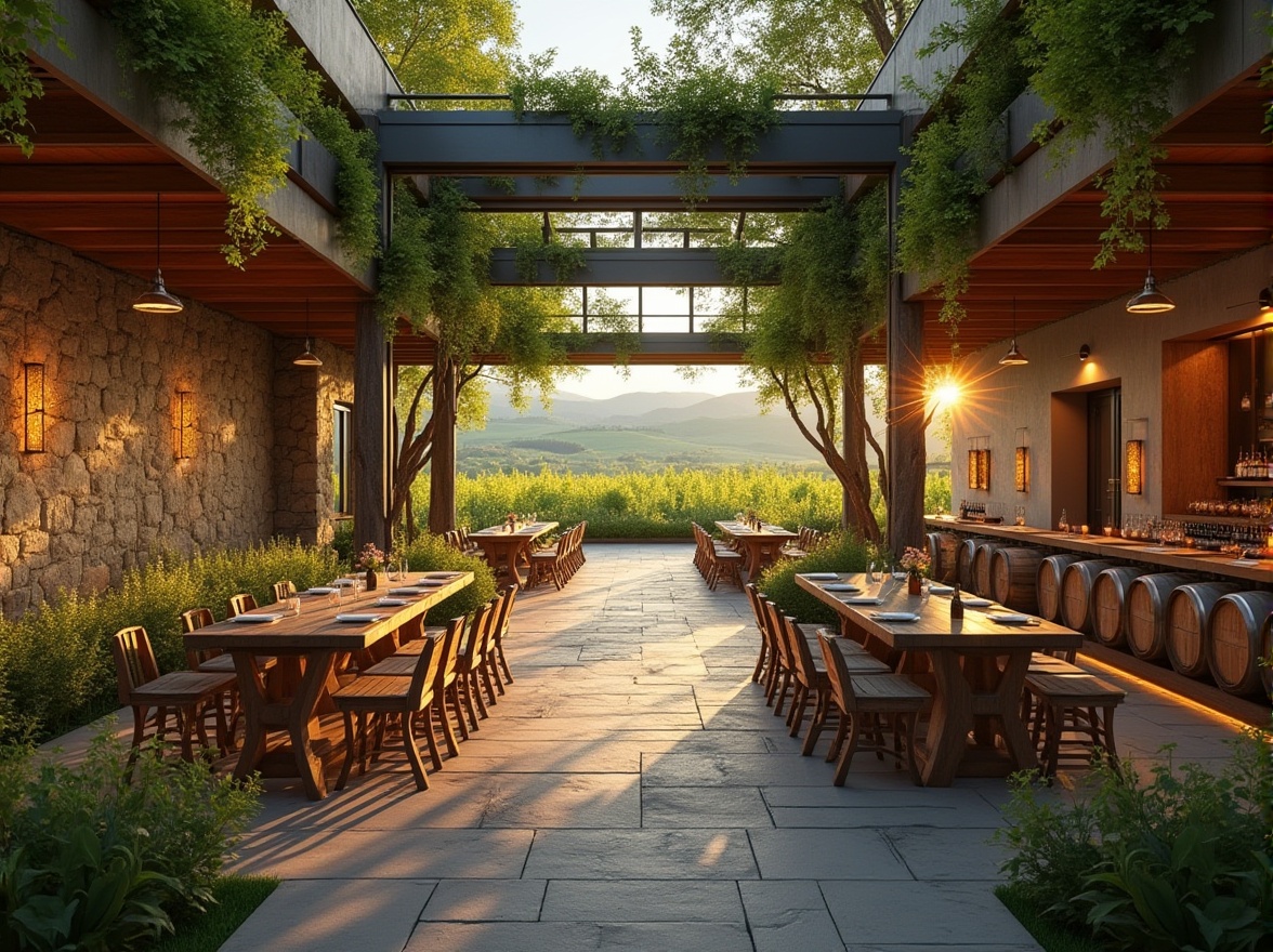 Prompt: Wineries, grassland integrated architecture, rolling hills, green vineyards, wooden fences, wildflowers blooming, natural stone walls, earthy tones, curved lines, modern minimalist interior, glass ceiling, wine barrels, rustic wooden tables, vines crawling up walls, lanterns hanging from trees, sunset warm lighting, panoramic view, 3/4 composition, ambient light, cinematic atmosphere.