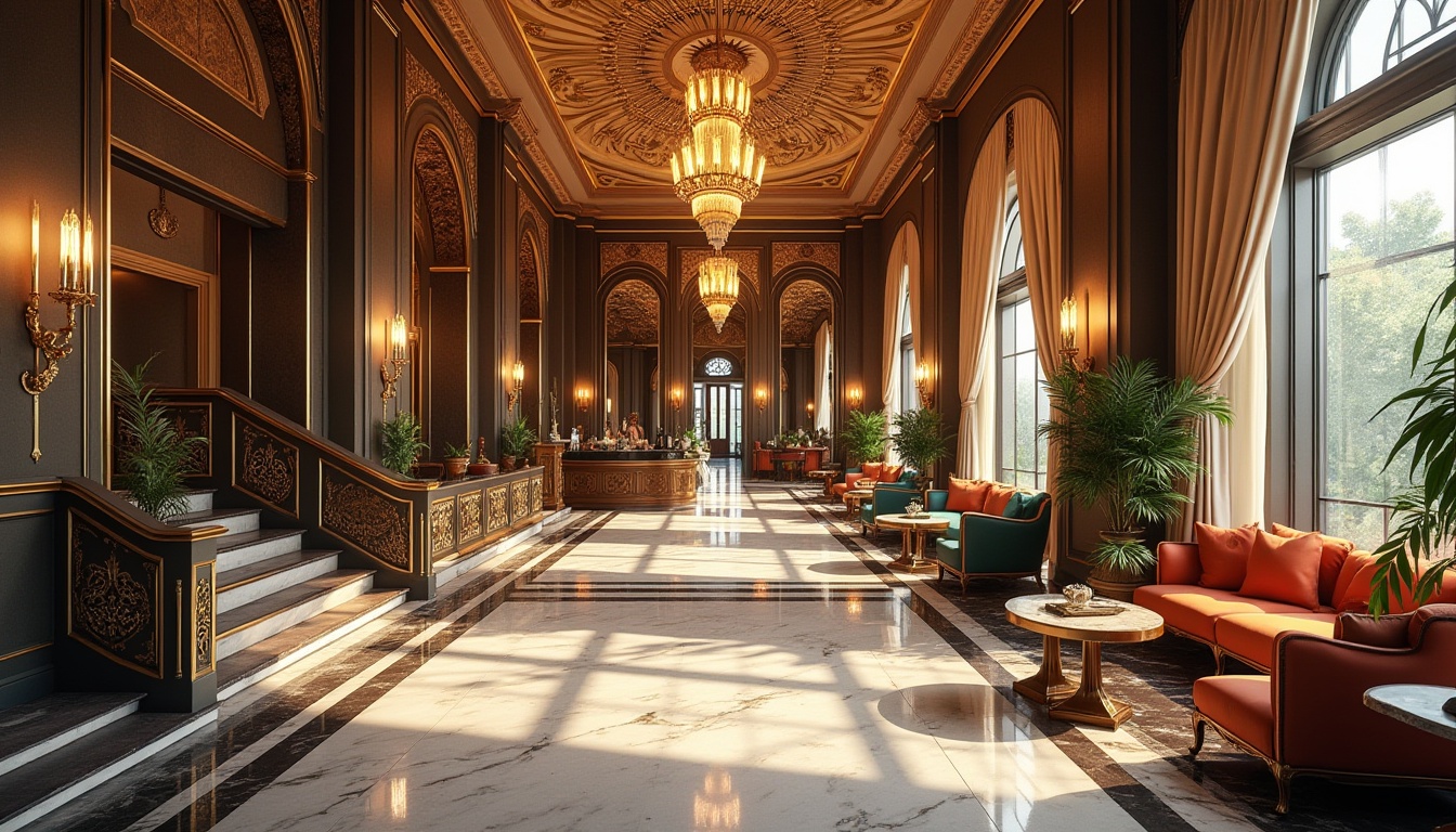 Prompt: Luxury hotel lobby, eclectic design, vintage furniture, marble floor, grand chandelier, ornate ceiling, lavish decor, vibrant colors, bold patterns, luxurious textures, golden accents, stylish reception desk, elegant staircase, comfortable seating area, warm lighting, afternoon ambiance, 3/4 composition, cinematic framing.