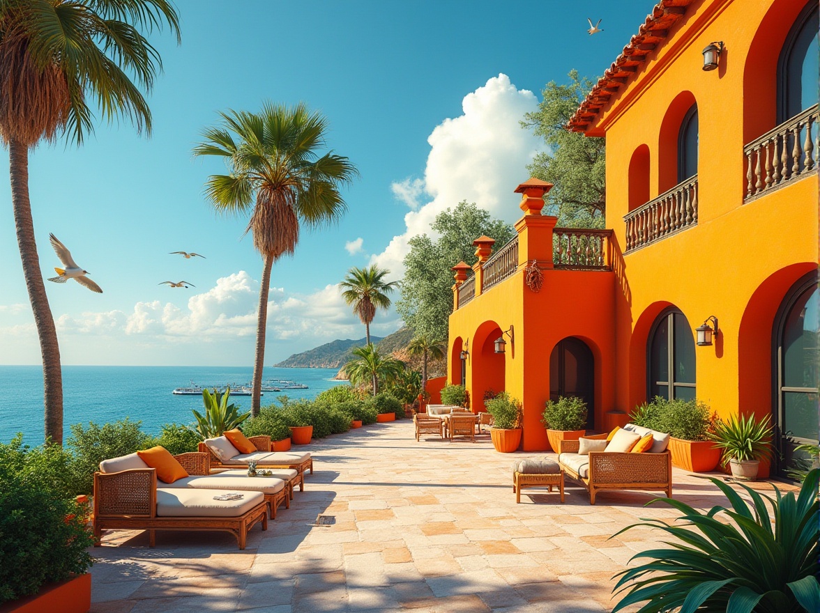 Prompt: Vibrant tangerine color, coastal home exterior, Mediterranean style, bright and cheerful, bold and playful, warm sunny day, clear blue sky, white puffy clouds, palm trees swaying gently, lush greenery, tropical plants, winding pathways, wooden deck, comfortable outdoor furniture, nautical accents, ropes and anchors, ocean views, seagulls flying overhead, soft warm lighting, cinematic composition, shallow depth of field.