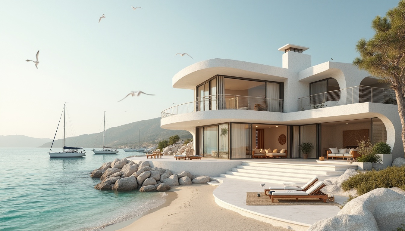 Prompt: Traditional coastal villa, modern minimalist design, white stone walls, curved lines, large windows, glass sliding doors, wooden accents, nautical rope railings, seaside promenade, sandy beach, clear turquoise water, sailboats docked, seagulls flying overhead, warm golden lighting, low-angle shot, 3/4 composition, soft focus on the building, sharp focus on the surroundings, Mediterranean atmosphere, luxurious interior, open-plan living area, minimalist furniture, natural textiles, ocean-inspired decorative elements.