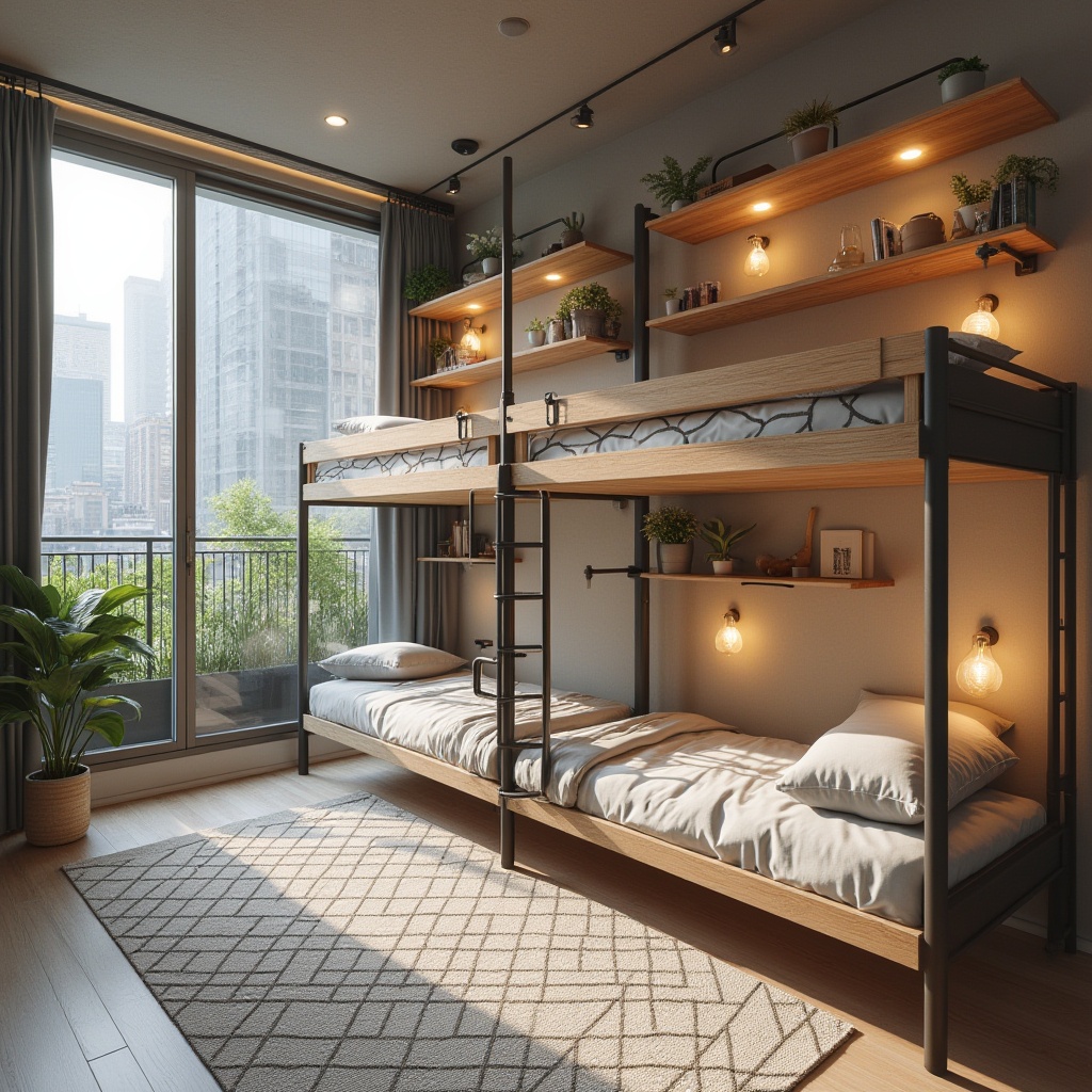 Prompt: Modern dormitory, minimalist style, Scandinavian influence, wooden bunk beds, metal frame, cozy bedding, geometric patterned rug, industrial chic decor, Edison bulb lighting, communal lounge area, floor-to-ceiling windows, city view, plants on shelves, natural light, soft pastel colors, modular furniture, functional storage, collaborative workspaces, acoustic panels, warm ambiance, relaxed atmosphere.