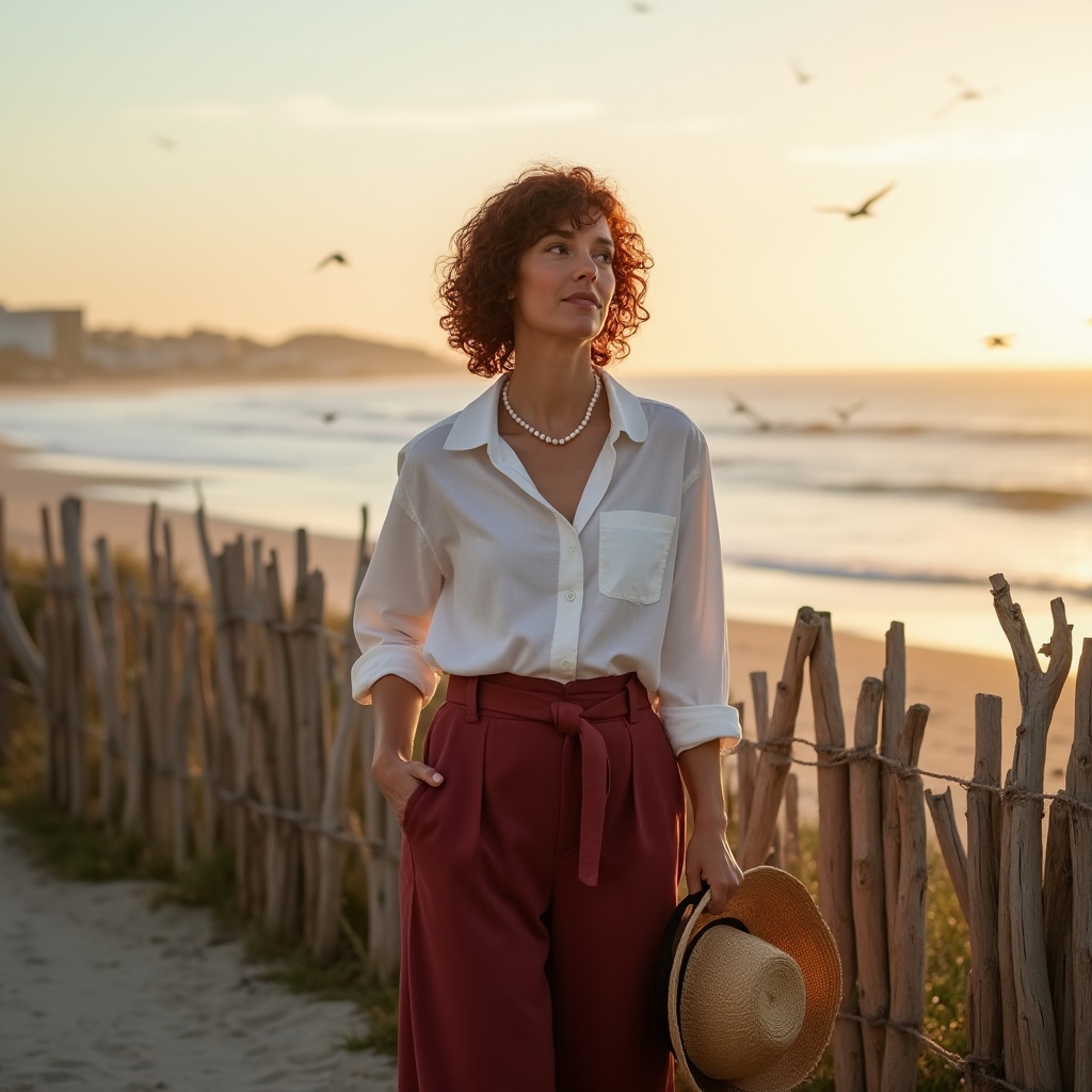 Prompt: Coastal villa, mature lady, curly burgundy hair, minimal makeup, elegant pearl necklace, relaxed fit white linen shirt, high-waisted burgundy culottes, sandals, holding a wide-brimmed straw hat, standing near a driftwood beach fence, overlooking the ocean, sunset time, warm golden light, soft focus, serene atmosphere, gentle sea breeze, few seagulls flying in the distance, natural texture, realistic rendering, cinematic composition, shallow depth of field.