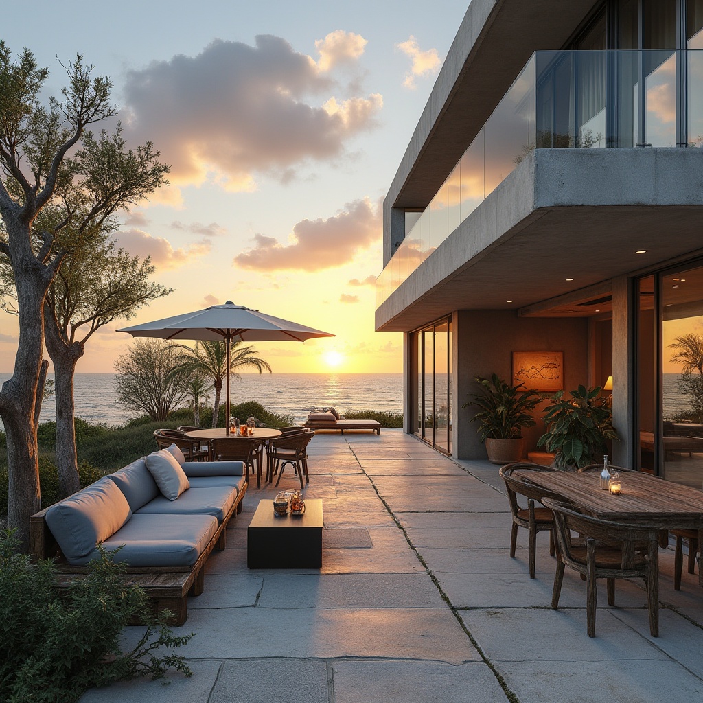 Prompt: Beachside, modern villa, galvanized steel, sleek lines, reflective surfaces, minimalist decor, large windows, ocean views, patio, outdoor furniture, coastal plants, driftwood accents, weathered wood, rusted metal, industrial chic, beachy ambiance, warm sunset lighting, low-angle shot, shallow depth of field, symmetrical composition, high-contrast tone.