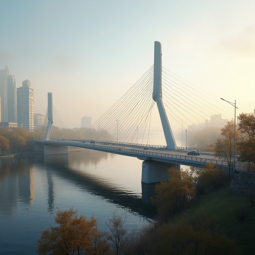 Prompt: Modern international style bridge, sleek lines, minimalist design, steel arches, suspended deck, river crossing, cityscape, urban landscape, misty morning, soft golden light, gentle fog, subtle reflections on calm water, concrete piers, cable-stayed structure, pedestrian walkway, cyclist path, elegant lamp posts, modern streetlights, lush greenery, surrounding trees, autumn foliage, vibrant colors.