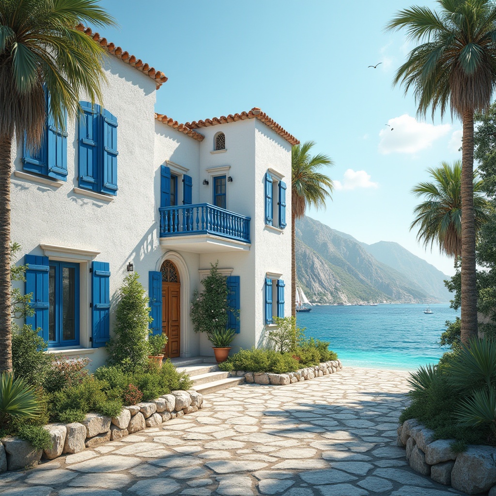 Prompt: Coastal Renaissance style building, Mediterranean-inspired architecture, white stone walls, blue windows shutters, ornate wooden door, lush greenery, palm trees, beachside location, sunny day, clear blue sky, gentle sea breeze, waves crashing in the background, distant sailboats, seagulls flying overhead, warm natural lighting, 3/4 composition, panoramic view, villas, resorts, tropical atmosphere.