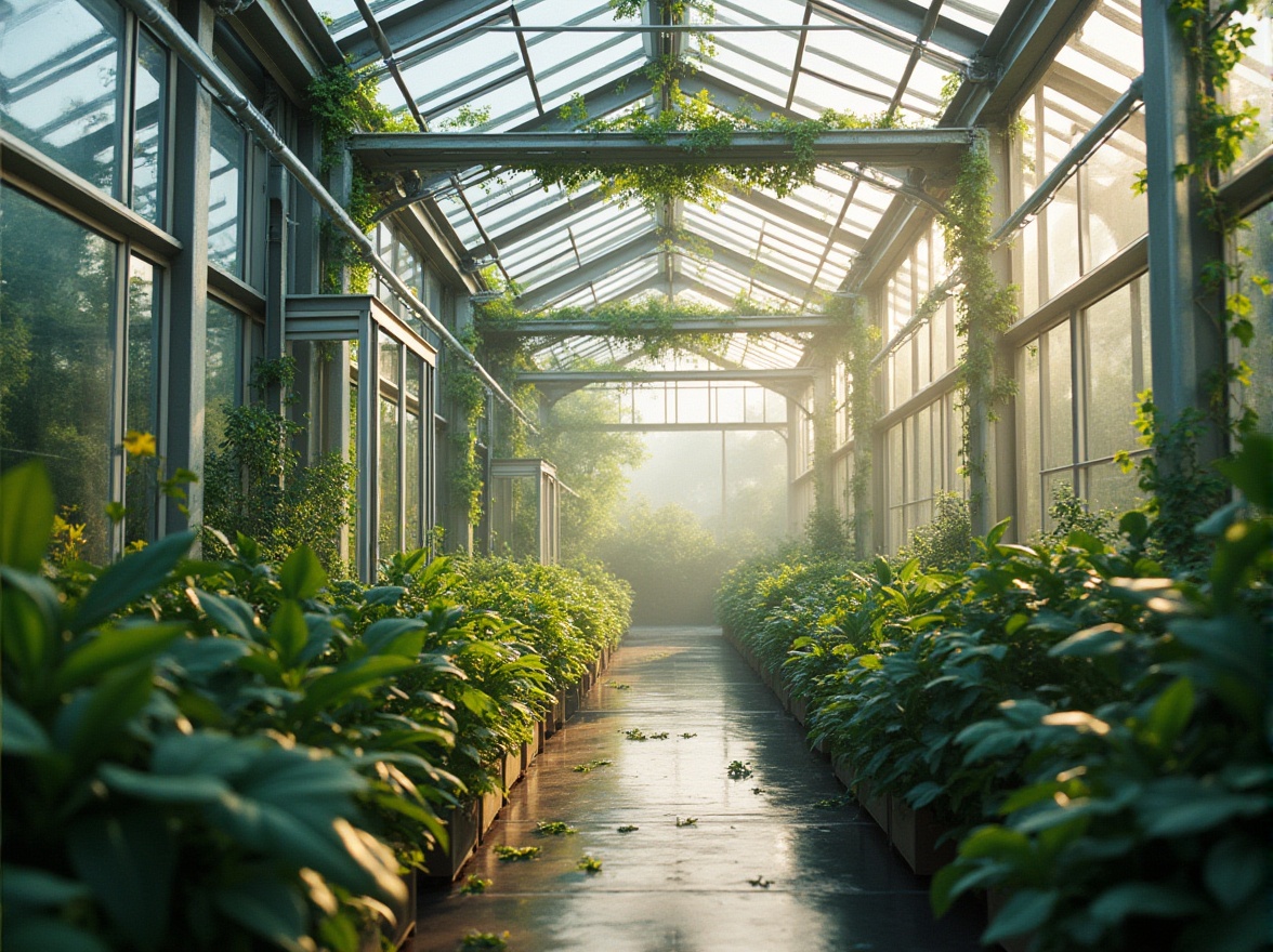 Prompt: Modern greenhouse, steel frame structure, silver metallic material, transparent glass walls, lush green plants inside, vines crawling up the framework, warm natural lighting, soft focus, shallow depth of field, 3/4 composition, industrial style, sleek lines, minimalist decor, futuristic ambiance, misty morning atmosphere.