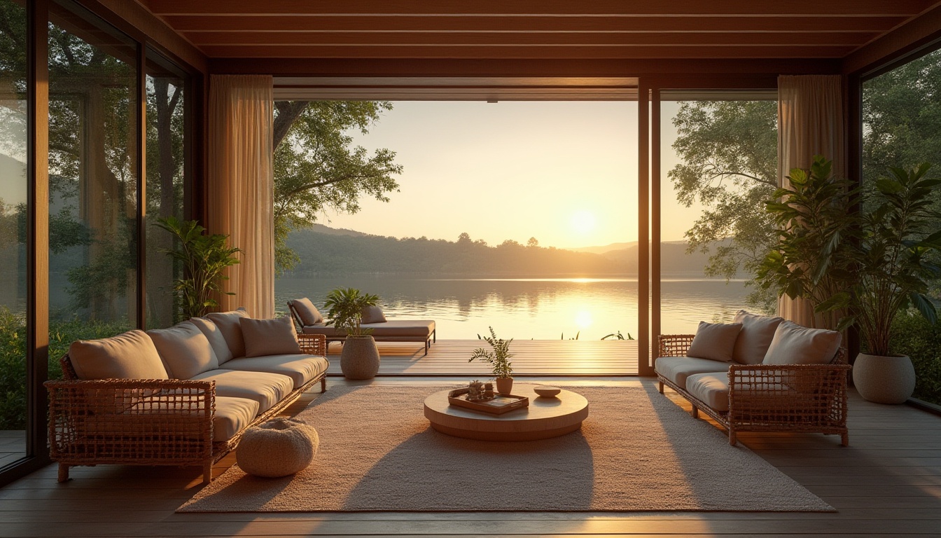 Prompt: Lakefront living room, modern villa, floor-to-ceiling windows, sliding glass doors, wooden floors, minimalist decor, natural materials, woven furniture, plants, greenery, lake view, sunset, warm lighting, 3/4 composition, panoramic view, reflections on the water, surrounding trees, lush foliage, calm atmosphere, ambient light.