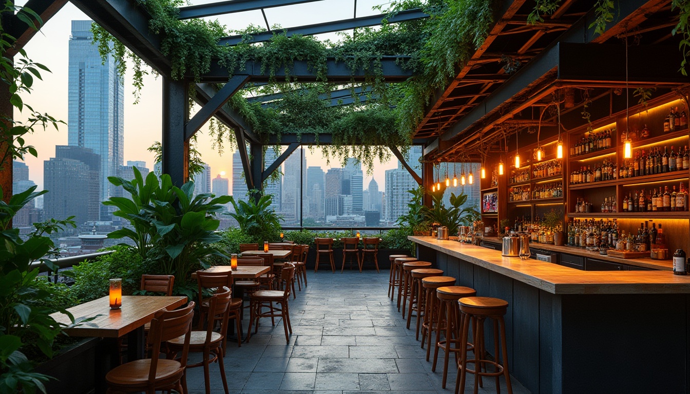 Prompt: Urban bar, green architecture, rooftop garden, galvanized steel framework, industrial chic decor, reclaimed wood accents, lush greenery, vertical gardens, modern minimalist furniture, neon lighting, cityscape background, evening ambiance, soft focus, cinematic composition, warm color tone.