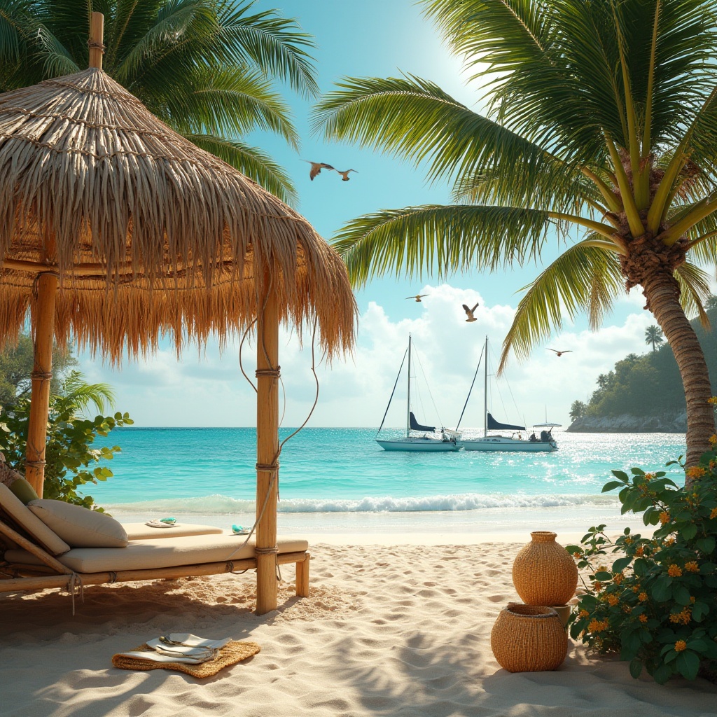 Prompt: Tropical beach scene, bamboo structure, driftwood accents, woven bamboo furniture, natural textiles, thatched roof, palm trees swaying gently, warm sandy dunes, clear turquoise water, sailboats in the distance, seagulls flying overhead, sunny afternoon, soft golden light, 3/4 composition, shallow depth of field, relaxed atmosphere, vacation mood, beach towel scattered, bamboo beach umbrella, woven bamboo baskets, tropical flowers blooming.