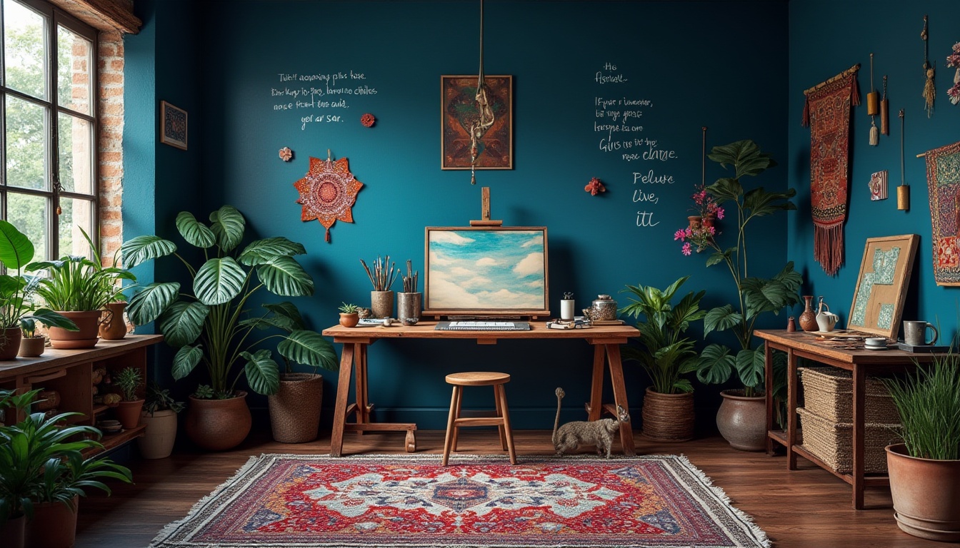 Prompt: Deep indigo color, creative atmosphere, artistic studio, wooden desk, scattered paintbrushes, half-finished canvas, inspirational quotes on walls, cultural symbols, African patterns, vibrant textiles, colorful rugs, eclectic decorative items, plants with unique shapes, natural light pouring through large windows, warm and cozy ambiance, 3/4 composition, soft focus, bohemian style.