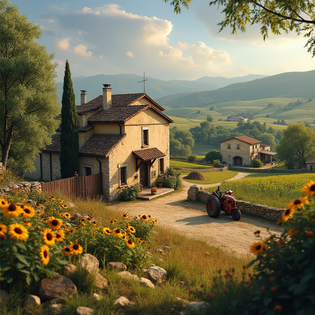 Prompt: Rustic villa, Romanesque architecture, farmhouses, rural landscape, countryside scenery, rolling hills, green pastures, wheat fields, sunflowers, blooming wildflowers, ancient olive trees, stone walls, wooden fences, rusty metal gates, dirt paths, old tractors, haystacks, farm tools, warm sunlight, soft shadows, golden hour, serene atmosphere, panoramic view, cinematic composition, depth of field.