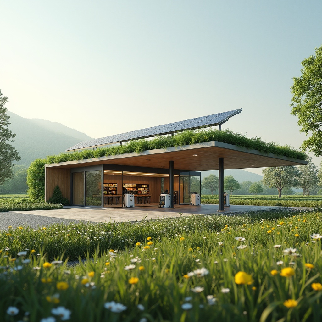 Prompt: Gas station, modern architecture, integrated grassland, green roof, solar panels, eco-friendly design, sleek lines, metallic materials, wooden accents, natural textures, wildflowers blooming, gentle hills, serene atmosphere, afternoon sunlight, soft shadows, 3/4 composition, panoramic view, depth of field, realistic rendering, ambient light.