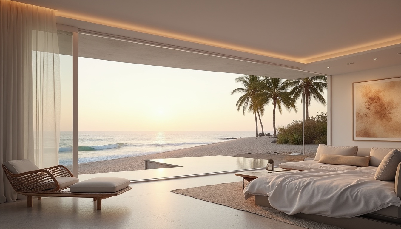 Prompt: Modern beach villa, sleek lines, minimalist architecture, floor-to-ceiling windows, sliding glass doors, ocean view, sandy beach, palm trees, seaside promenade, warm sunset light, soft focus, shallow depth of field, cinematic composition, 3/4 angle shot, luxurious interior design, white walls, polished concrete floors, low-profile furniture, abstract artwork, natural textiles, wicker chairs, pastel color palette, soft ambient lighting.