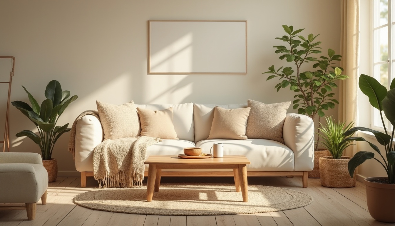 Prompt: Cozy atmosphere, beige color scheme, warm lighting, comfortable living room, plush sofa, soft cushions, cashmere throw blanket, wooden coffee table, potted plants, vintage rug, calm ambiance, relaxed mood, natural textures, earthy tones, creamy whites, soft pastels, morning sunlight, gentle shadows, 3/4 composition, intimate framing, filmic grain.