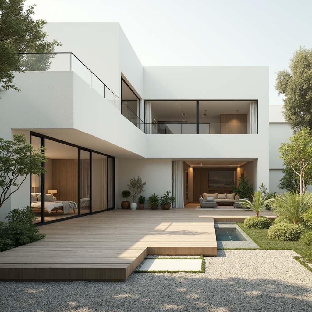 Prompt: Suburban residential area, minimalist architecture, modern villa, simple clean lines, white walls, large windows, sliding glass doors, wooden floors, minimal decor, potted plants, small water feature, pebbled courtyard, afternoon sunlight, soft shadows, 3/4 composition, calm atmosphere, serene ambiance, natural materials, earth tones, peaceful suburban living.