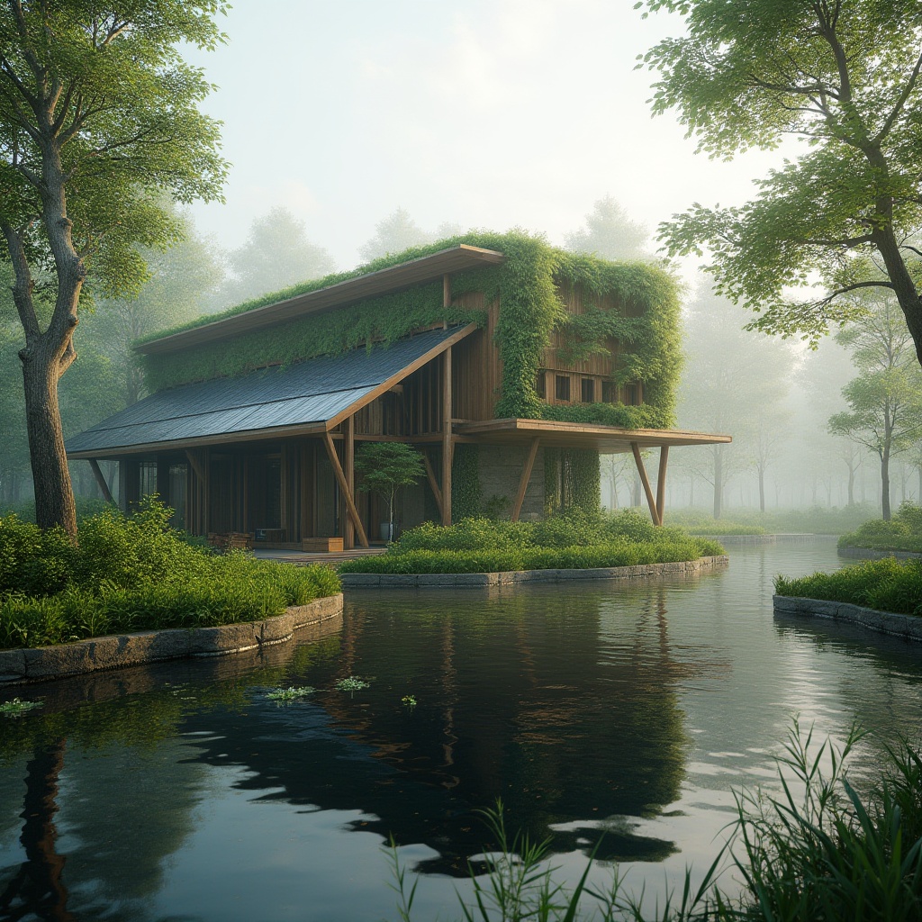 Prompt: Wetland architecture, eco-friendly building, solar panels, green roof, vertical garden, natural materials, reclaimed wood, living walls, bamboo structure, minimal carbon footprint, reflection pool, surrounding wetland ecosystem, misty morning atmosphere, soft natural light, 3/4 composition, shallow depth of field, serene ambiance.