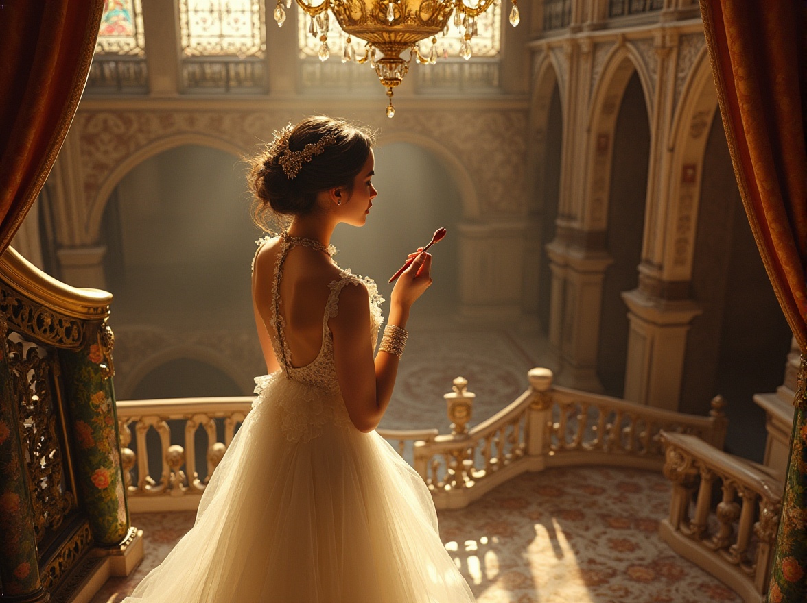 Prompt: Art Nouveau style, elegant lady, ornate hairstyle, intricate jewelry, flowing white gown, delicate fingers holding a brush, standing in front of a grand staircase, ornate ironwork railing, lavish chandelier, stained glass windows, floral patterns, soft golden lighting, warm atmosphere, Visual Arts Center, Parisian architecture, luxurious interior design, elaborate furnishings, rich velvet drapes, majestic columns, marble floors, subtle shadows, high-angle shot, dramatic composition, vivid colors.