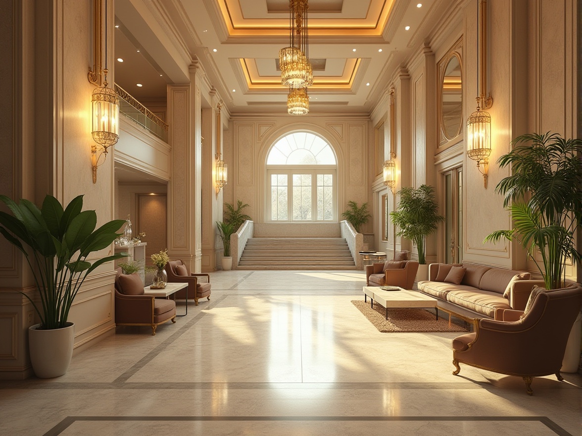 Prompt: Luxurious hospital interior, Art Deco style, incorporating limestone walls, floors, and columns, ornate geometric patterns, gold accents, grand staircase, elegant chandeliers, comfortable waiting area with plush sofas, marble coffee tables, lush green plants, warm lighting, soft shadows, 3/4 composition, shallow depth of field, cinematic ambiance, morning light, subtle texture details.