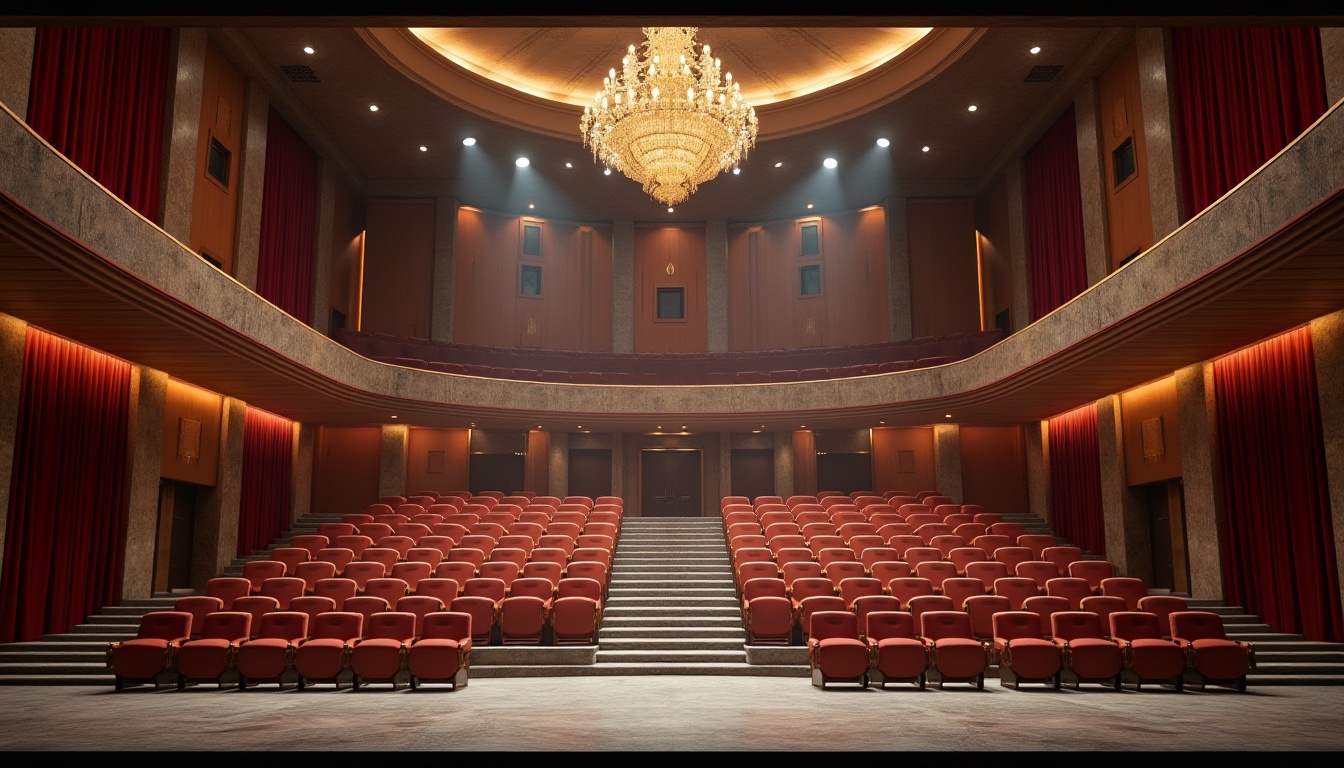 Prompt: Auditorium interior, granite walls, polished stone flooring, modern architectural design, grand staircase, luxurious chandelier, wooden seats, red velvet curtains, spotlights, dimmable lighting, 3/4 composition, low-angle shot, cinematic atmosphere, warm ambient light, detailed texture, realistic material, symmetrical composition, ornate decorations.