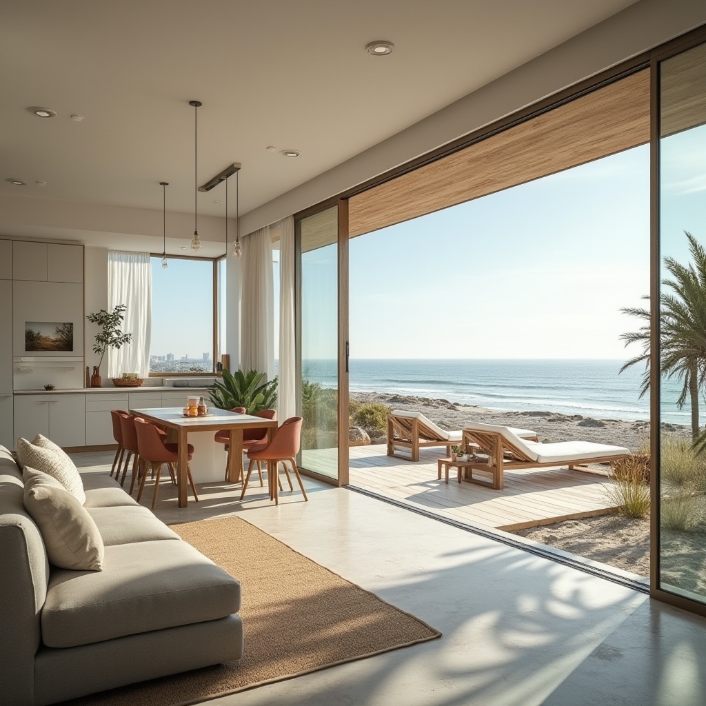 Prompt: Modern beach house, functional layouts, open-plan living room, floor-to-ceiling windows, sliding glass doors, minimalist interior, sleek lines, polished concrete floors, white walls, wooden accents, natural textiles, woven furniture, indoor-outdoor connection, panoramic ocean views, coastal scenery, palm trees, sandy dunes, warm sunlight, soft shadows, 3/4 composition, airy atmosphere.