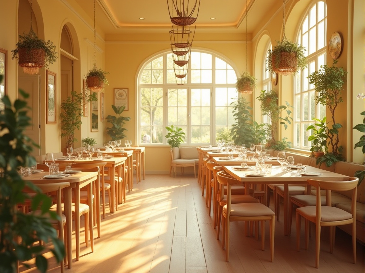 Prompt: Light yellow themed dining hall, warm atmosphere, soft illumination, rectangular wooden tables, comfortable cushioned chairs, elegant chandeliers, hanging flower baskets, green plants, natural wood flooring, cream-colored walls, decorative mirrors, subtle geometric patterns, gentle curves, harmonious proportions, Scandinavian style, morning sunlight streaming through large windows, shallow depth of field, inviting ambiance, warm and cozy lighting.