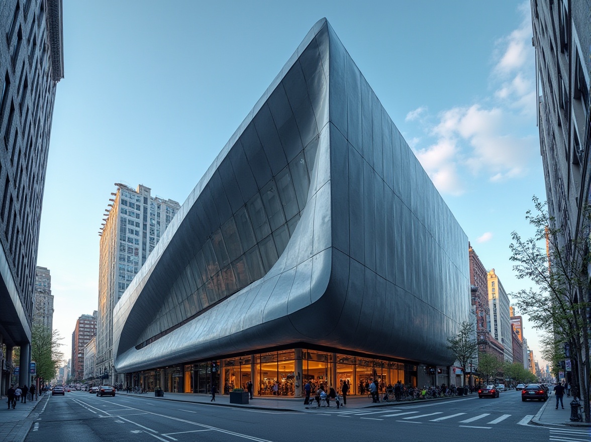 Prompt: Modern architecture, steel-framed building, sleek lines, metallic texture, glass façade, urban landscape, cityscape, busy street, skyscraper background, blue sky with few clouds, sunny day, dramatic shadows, low-angle shot, symmetrical composition, minimalist style, industrial feel, clean lines, reflective surface, subtle color palette.