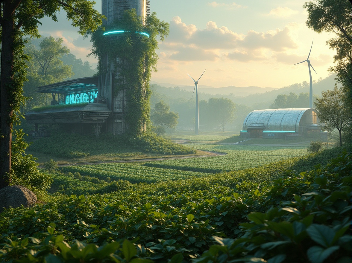 Prompt: Rural scenery, futuristic farm, blending nature with high-tech design, lush greenery, towering trees, vines wrapping around metallic pillars, glowing neon lights, holographic displays, robotic farming tools, sleek silver wind turbines, modernistic barn with translucent roofing, rolling hills, misty morning atmosphere, warm soft lighting, shallow depth of field, cinematic composition, 3/4 view, panoramic shot.